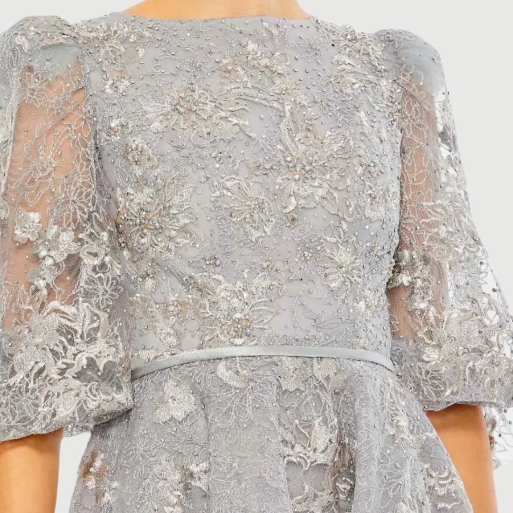 Mac Duggal Size 22 Silver Gray High Neck Puff Sleeve Floral Midi Tea Dress Gown - Picture 5 of 6